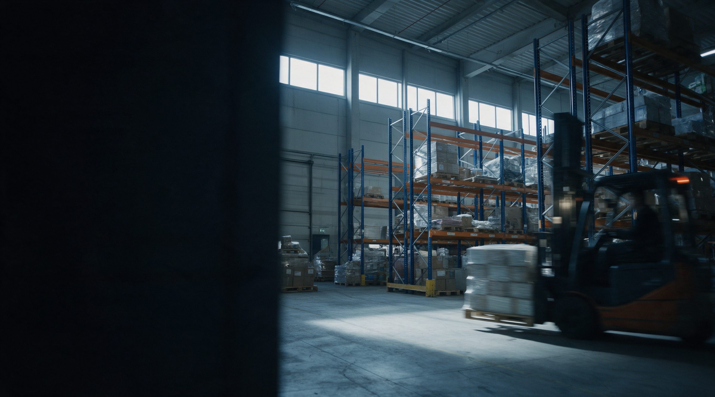 Centro de distribución en plena jornada, racks altos y una grúa horquilla en movimiento.